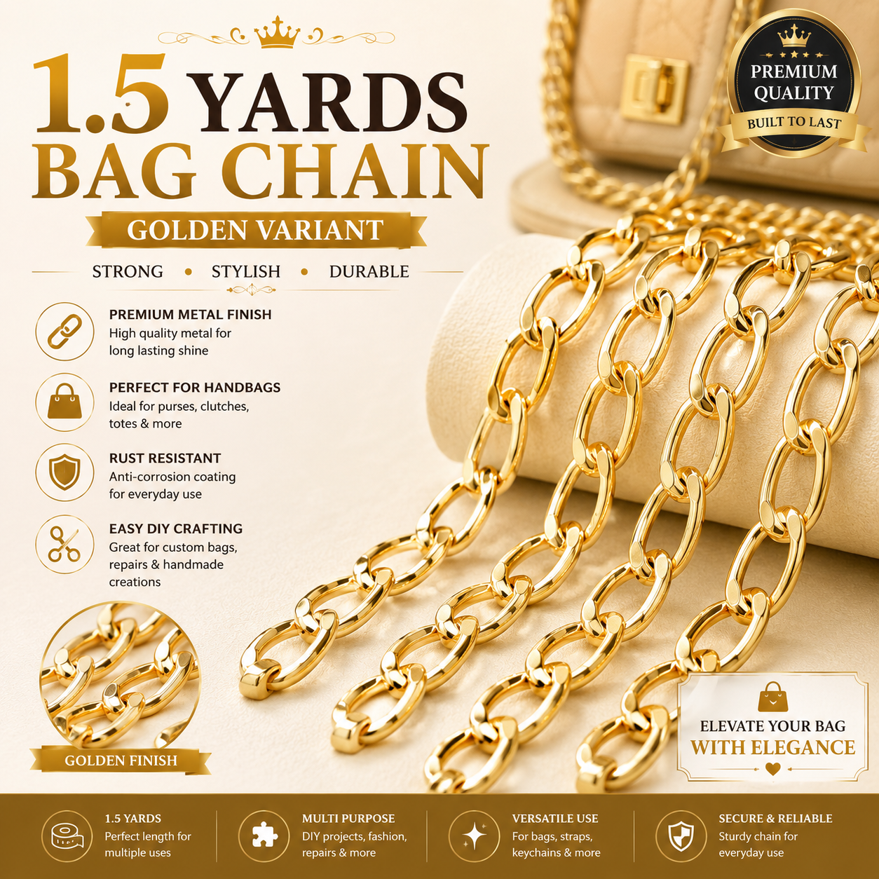 1.5 Yards Bag Chain Golden and Silver