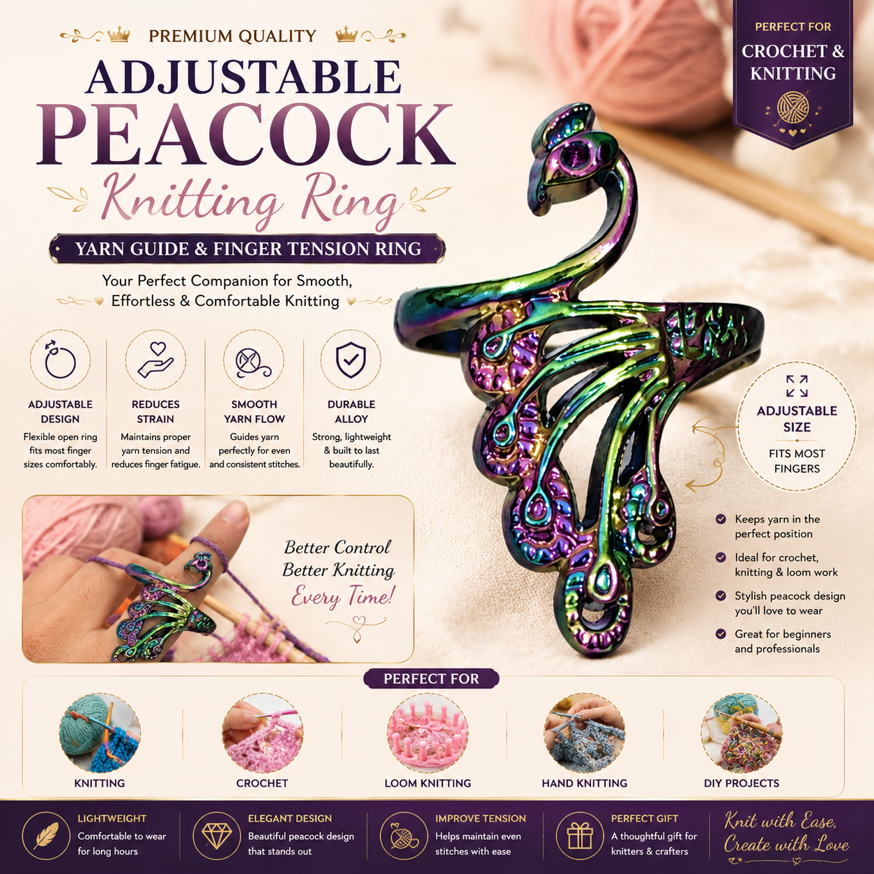 Adjustable Peacock Knitting Ring Yarn Guide