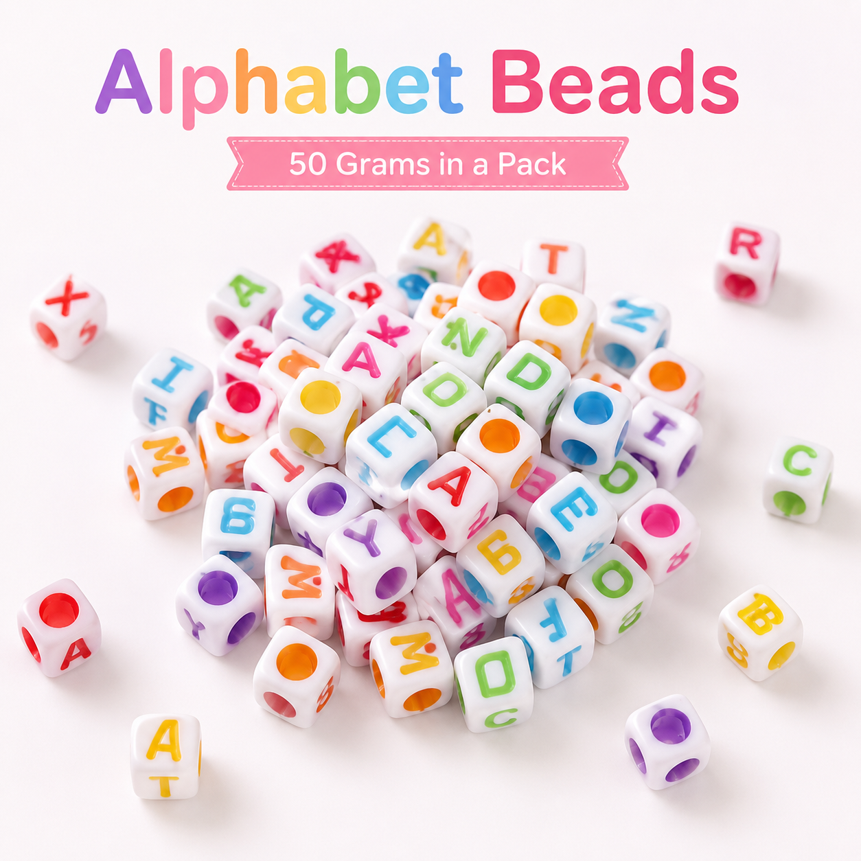 White cube multicolor letter beads