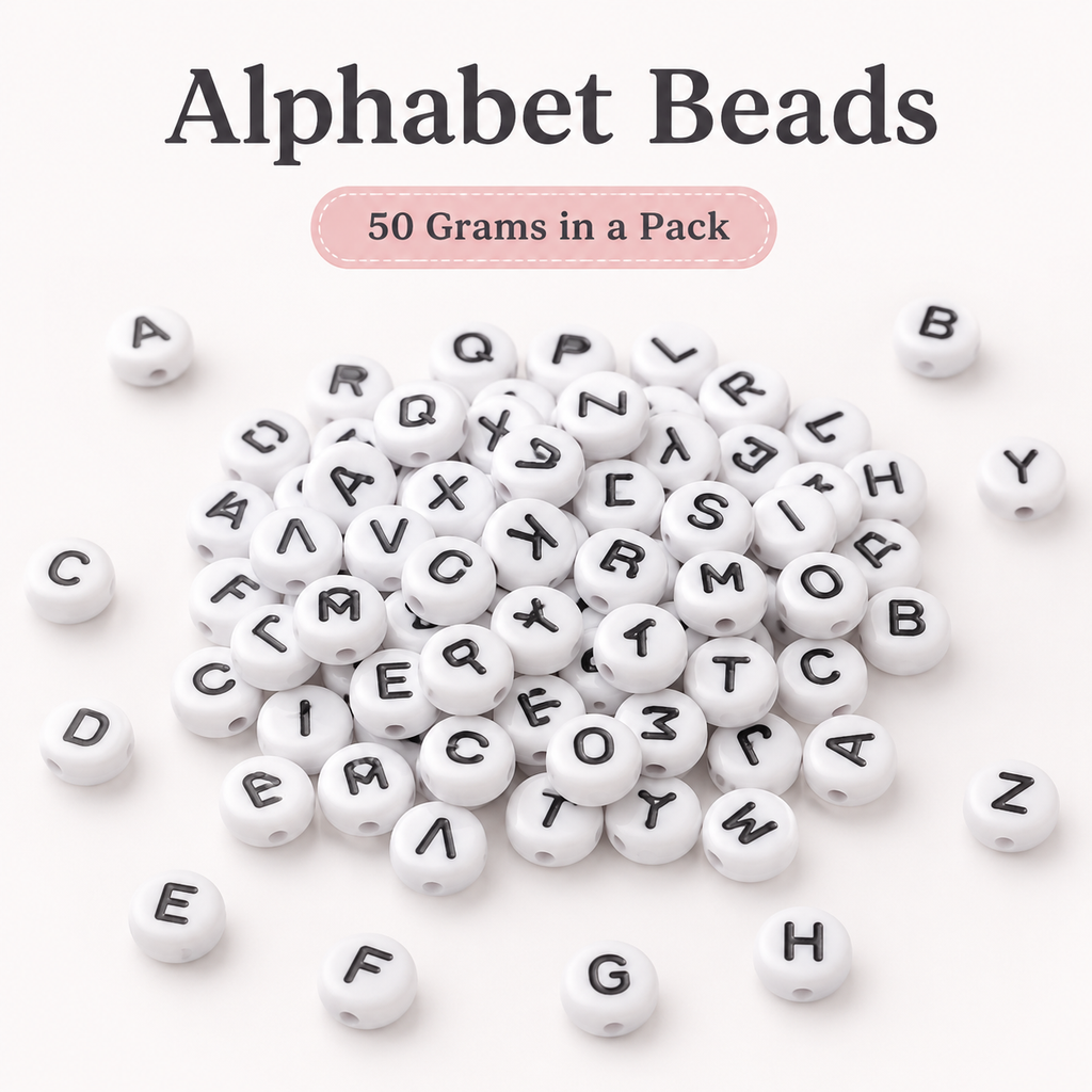 White round black letter beads