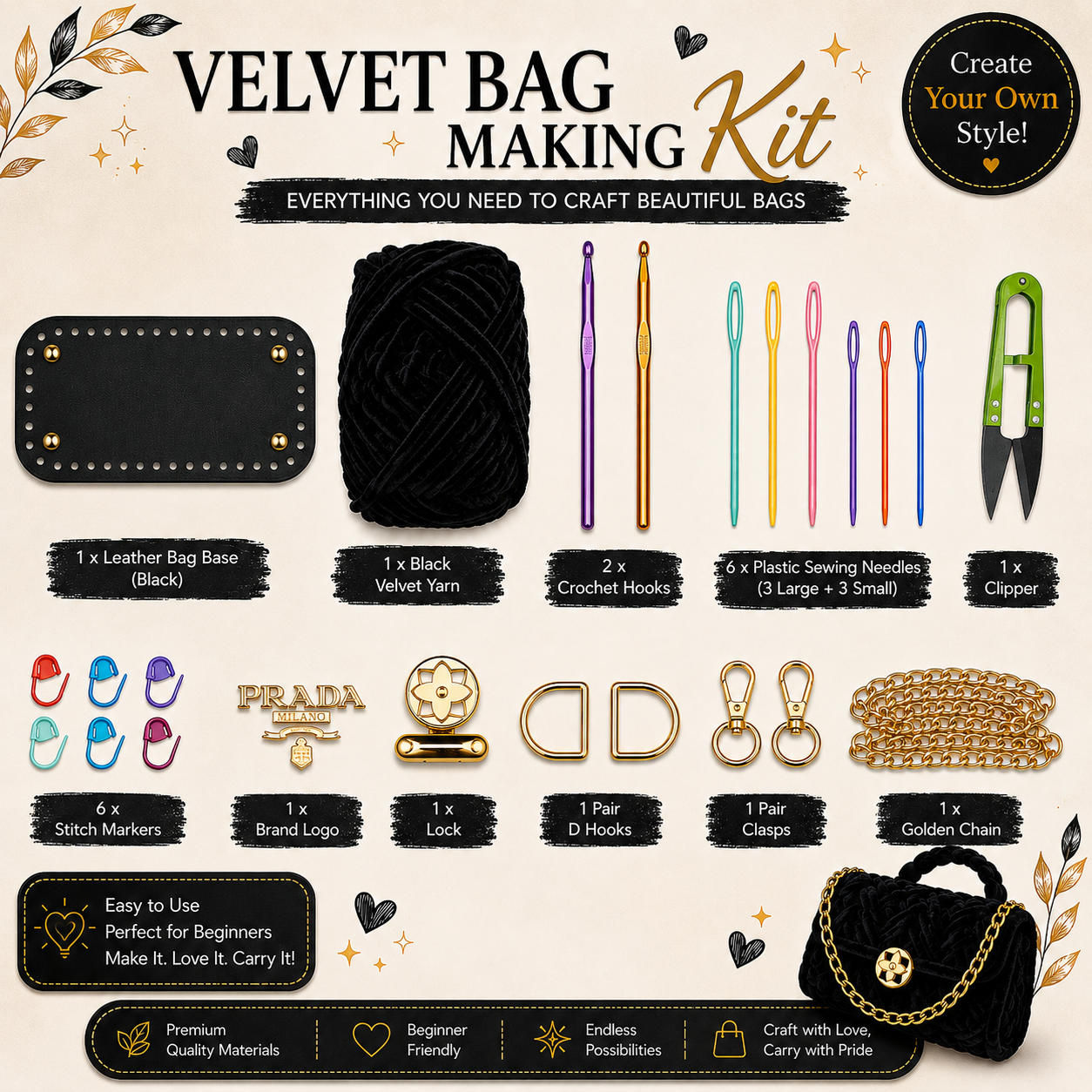 Black velvet bag kit