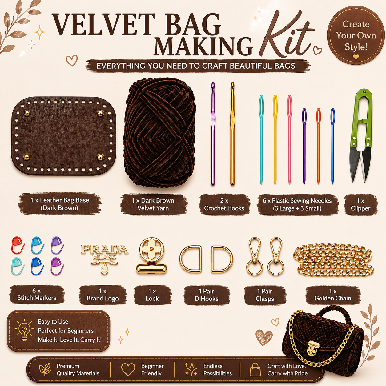 Dark brown velvet bag kit