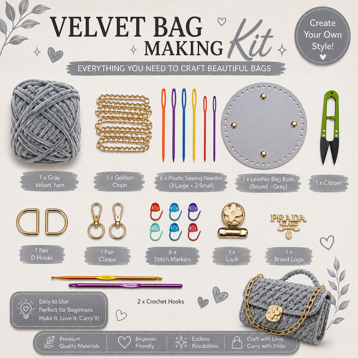 Grey velvet bag kit