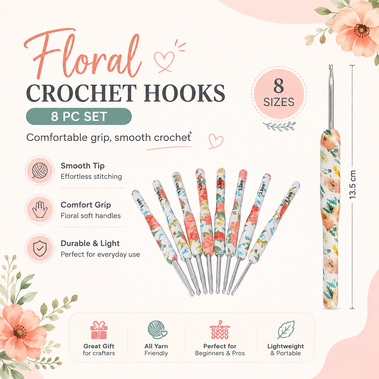 Stainless Steel 8pc Ergonomic Crochet Hook Set (2.5-6.0mm)
