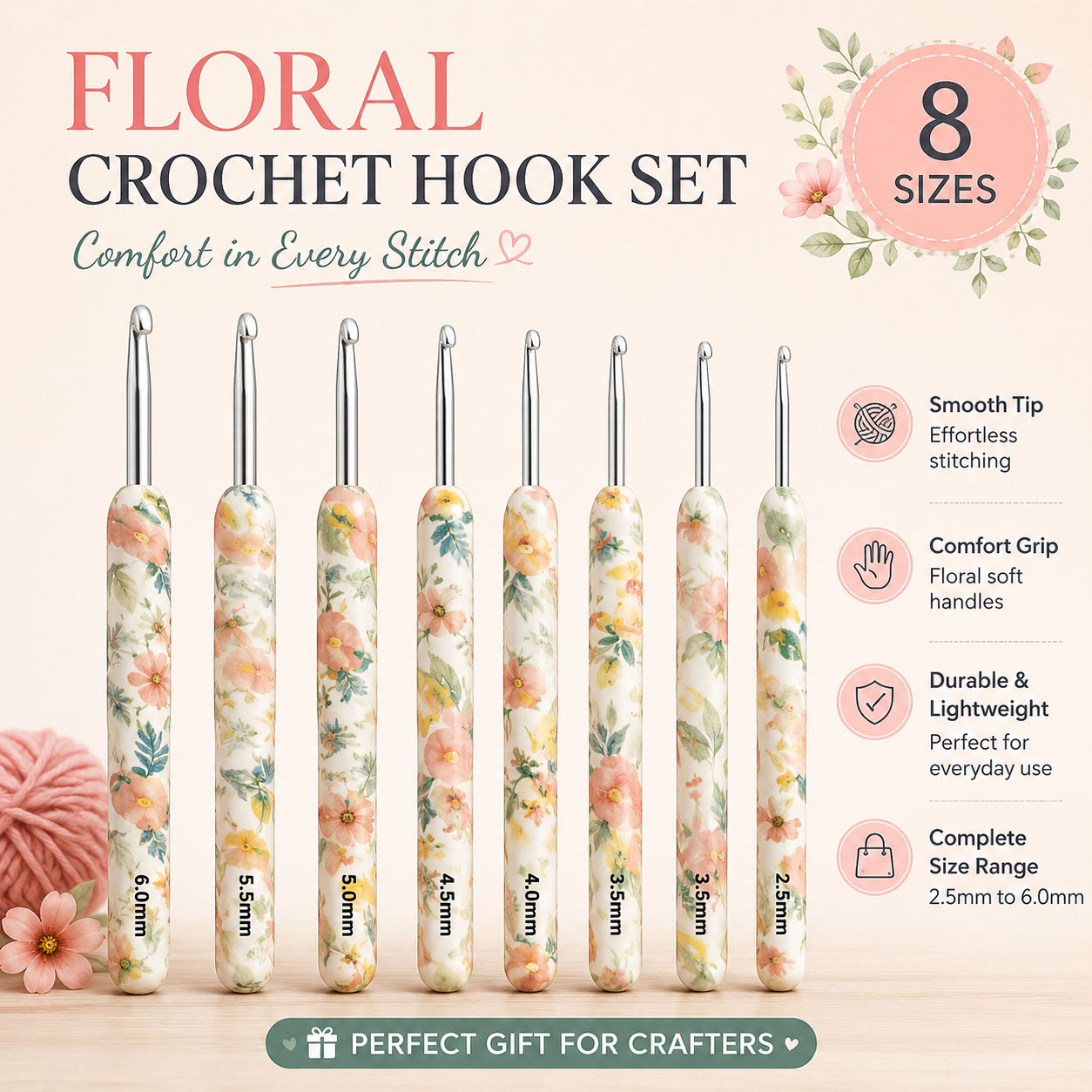 Stainless Steel 8pc Ergonomic Crochet Hook Set (2.5-6.0mm)