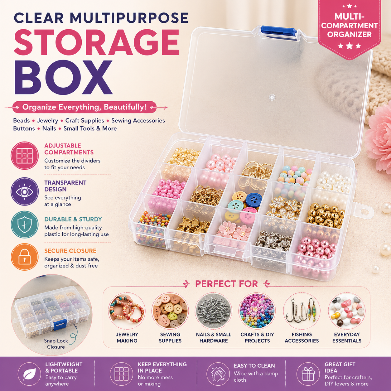 Clear Multipurpose Storage Box with Dividers