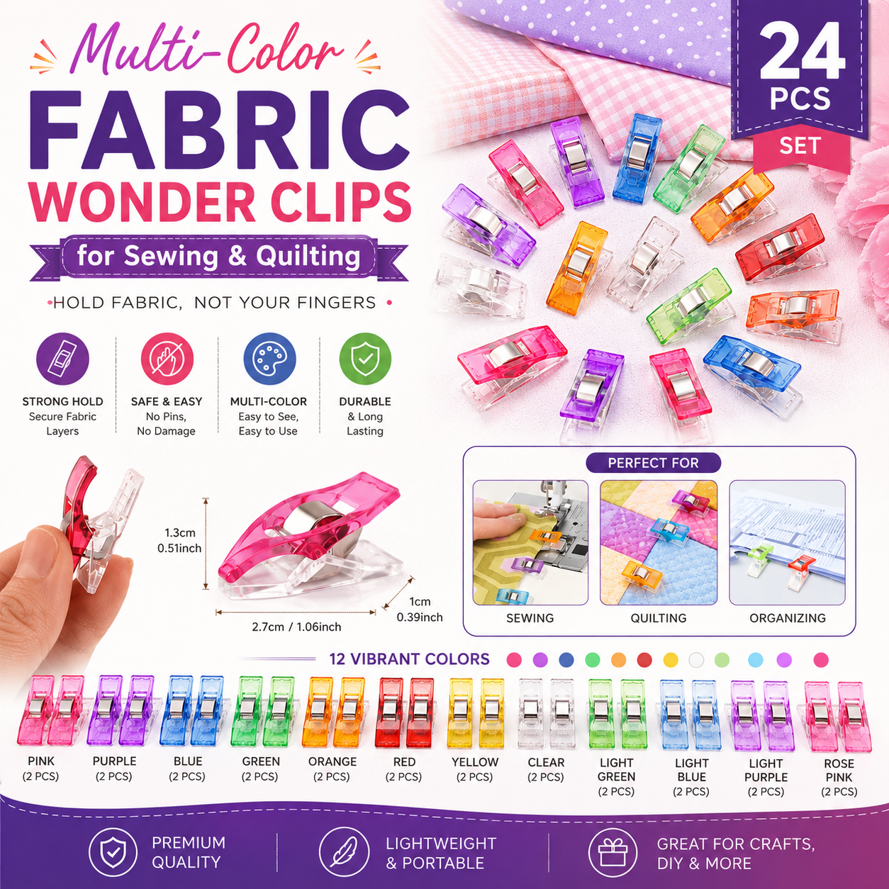Multi-Color Fabric Wonder Clips for Sewing and Quilting