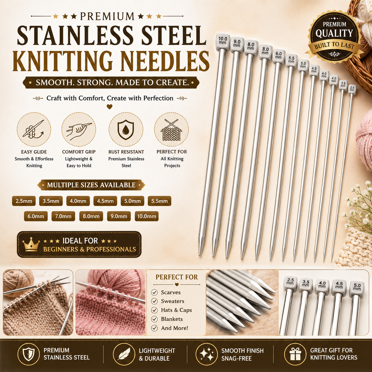 Premium Stainless Steel Knitting Needles