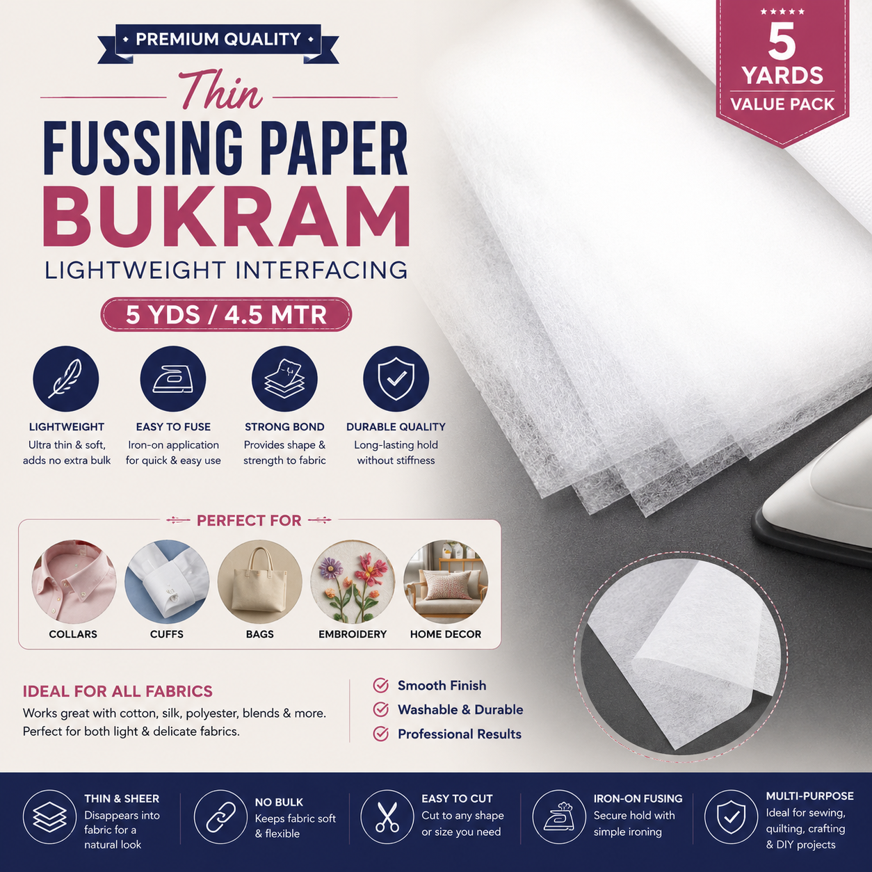 Thin Fussing Paper Bukram (5 Yds)